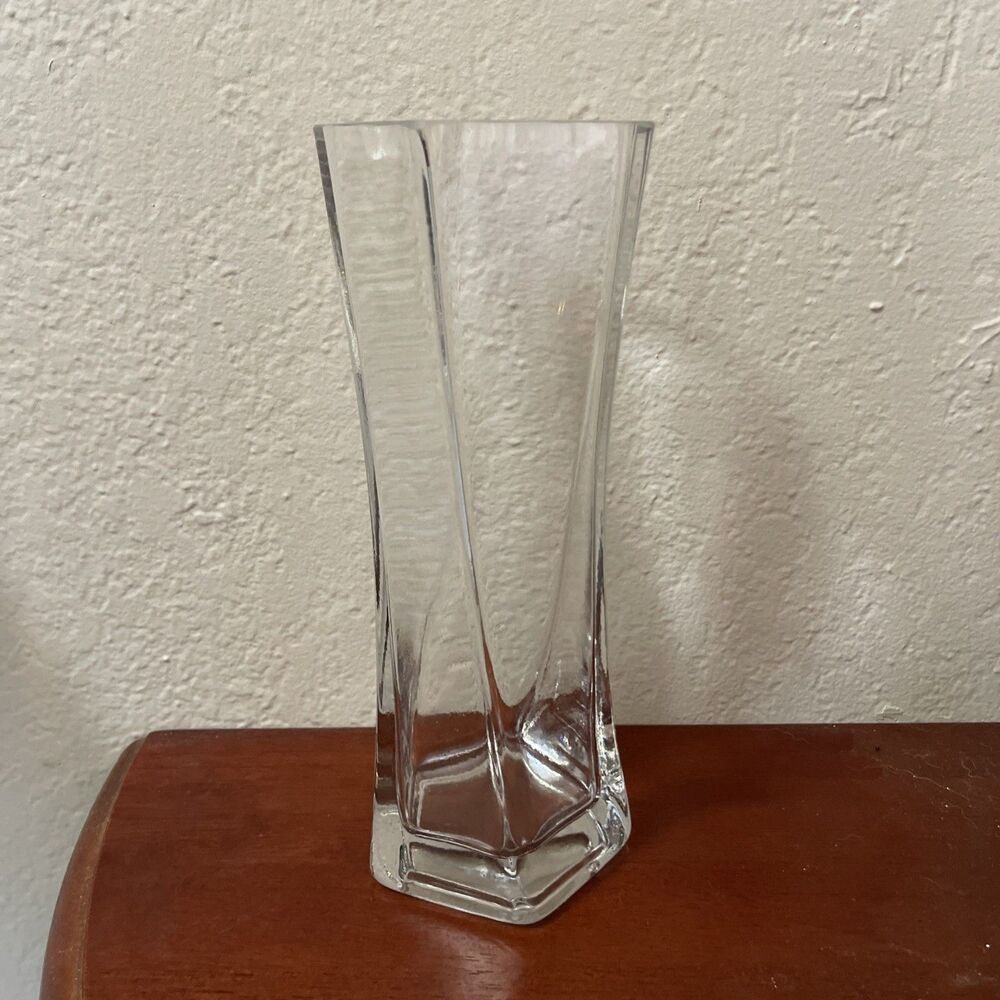 Vintage Glass Vase Twisted Hexagon Flare Top 9.25 In Heavy Glass Clear Elegant A